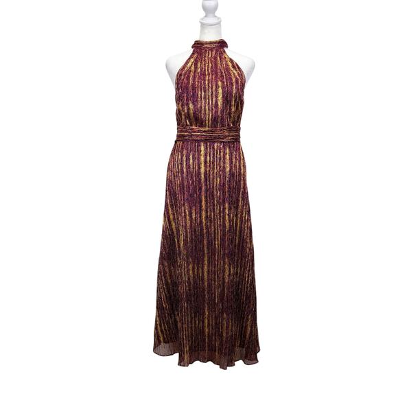 ML Monique Lhuillier Metallic Pleated Halter Midi Cocktail Dress Purple Gold 2 - Picture 3 of 14